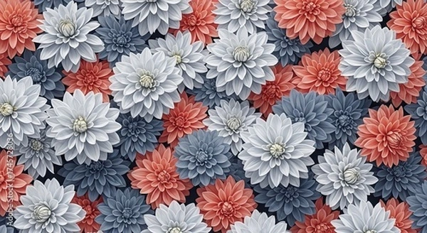 Fototapeta A Beautiful Pattern of Coral Blue and White Dahlia Flowers