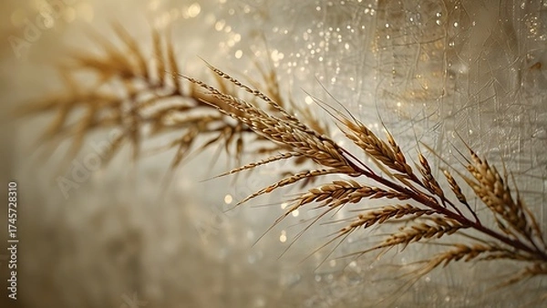 Obraz Close up of a dried wheat stalk with dew drops on a textured background