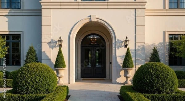 Obraz Elegant Grand Entrance with Topiary Gardens and Arched Doorway
