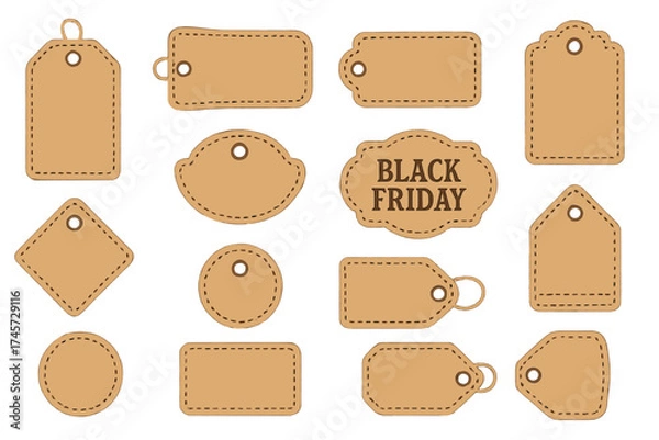 Fototapeta Black Friday sales tags and labels. Big set of vintage paper shopping labels. Blank discount and price tag templates with space for text. Special offer vector illustration.