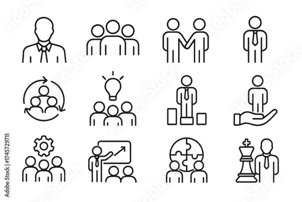 Fototapeta Business and teamwork line icons set. Concepts of leadership, management, strategy, career, and HR. Vector signs for human resources, presentation, brainstorming and staff.
