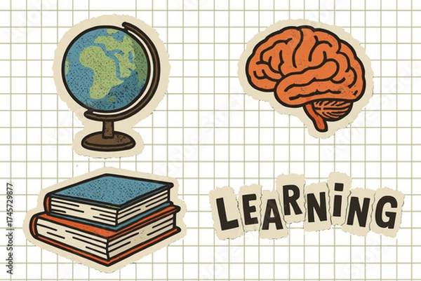 Fototapeta Back to school learning concept collage. Education and knowledge symbols. Globe, books, brain icons. Study, geography, mind, intelligence. Trendy zine style torn paper vector set.