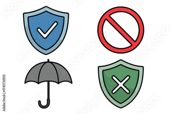 Fototapeta Protection and prohibition symbols set. Blue shield with check mark, red no entry sign, black umbrella icon, green shield with X mark. Safety, security, denial concept isolated objects.