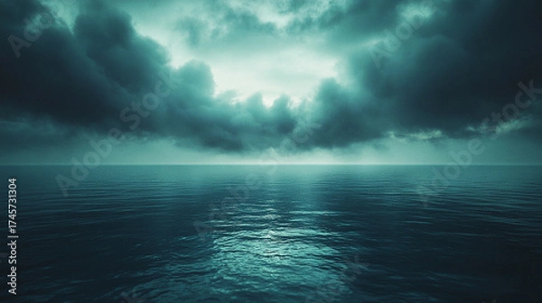 Fototapeta Dark haunted ocean under black and blue sky, eerie clouds and mist create a mysterious, gloomy, and unsettling atmosphere for horror or thriller themes.