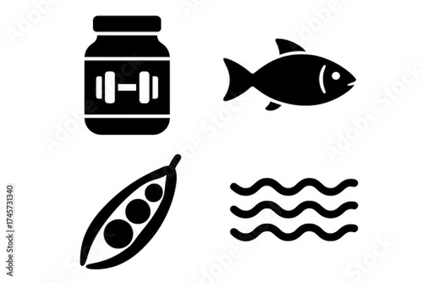 Fototapeta Protein supplement jar with dumbbell, fish, pea pod, and water waves icons collection. Fitness nutrition, healthy food, omega-3, plant protein, and seafood diet concepts, nutrition symbols vector set.