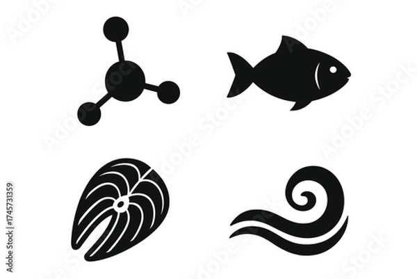 Fototapeta Protein molecular structure and sea life vector icons set with fish silhouette, fish steak, sea wave symbol, and molecular connection diagram, marine biology and food concept illustration