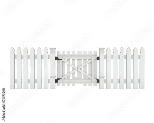 Fototapeta Charming White Picket Fence Gate Isolated, Conveying Privacy and Security for Home