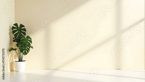 Obraz Monstera plant in a bright room with geometric sunlight patterns