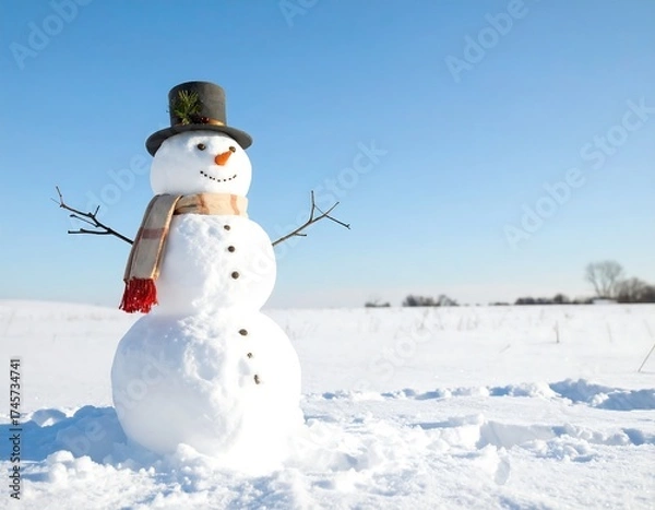 Fototapeta Snow sculpture of a snowman in a field