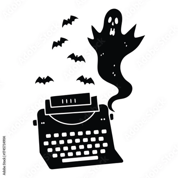 Fototapeta Ghostly Typewriter Halloween Scene with Floating Letters and Mist in Vintage Spooky Vector Style