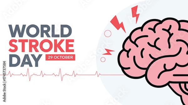 Fototapeta Vector art of world stroke day on october 29th with pink brain and heartbeat line graphic