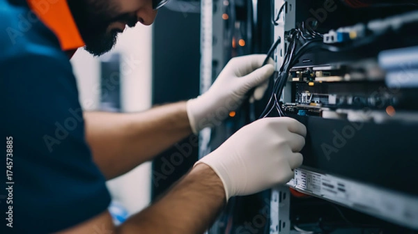 Fototapeta IT Professional working on server. Focus on safety and care when doing computer repair and network administration. Focus on the task at hand.