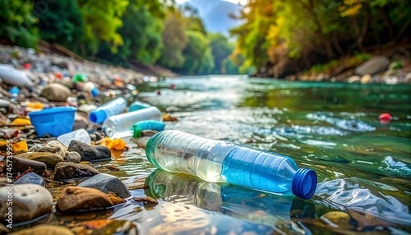 Fototapeta Plastic waste litters a riverbank, with plastic bottles and containers scattered along the shallow water's edge.  Sunlight filters through trees, highlighting the pollution