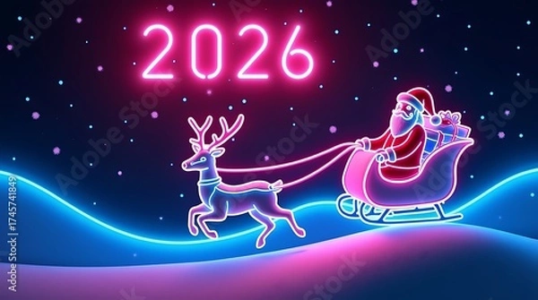 Fototapeta Neon santa claus and reindeer sleigh ride under the year 2026 lights