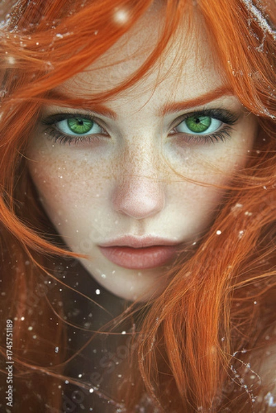 Obraz Close up portrait of a young red haired woman with vibrant green eyes and natural freckles in winter snowfall atmospheric fantasy beauty concept for cosmetics fashion banner or mystical character illu