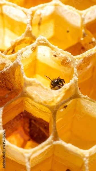 Fototapeta Close-up view of honeycombs with a bee