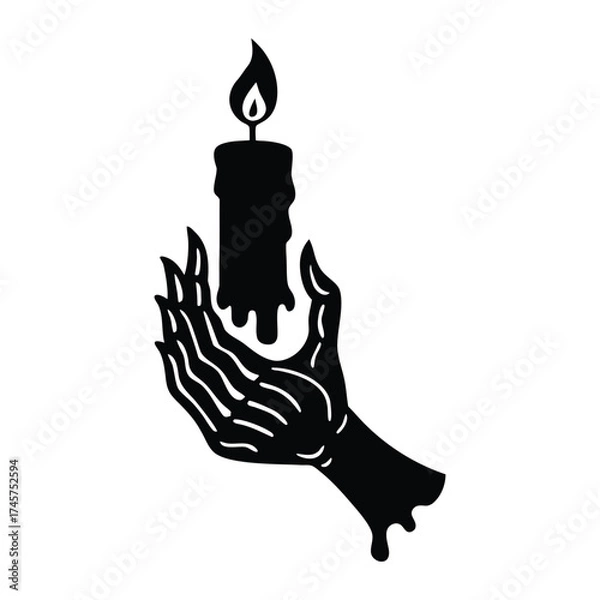 Fototapeta Skeleton Hand Halloween Scene with Burning Candle and Black Wax in Gothic Vector Style