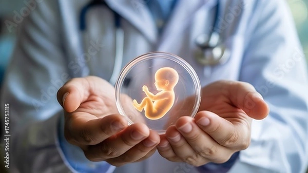Fototapeta Doctor holds glowing embryo in petri dish science technology