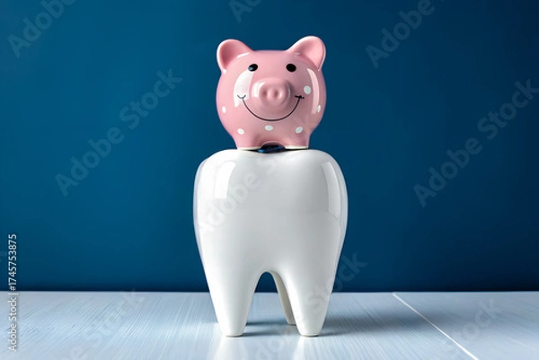 Fototapeta Creative financial concept showing pink piggy bank atop a tooth model, representing dental care, health insurance, and savings ideas.