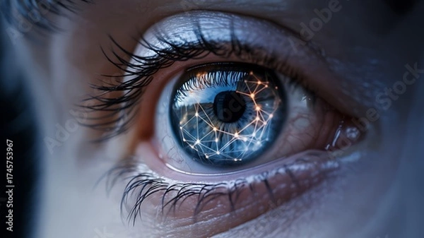 Fototapeta Close-up macro eye reflection of digital world technology and data