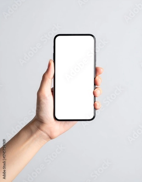 Fototapeta Hand holding a smartphone with a blank screen against a light gray background