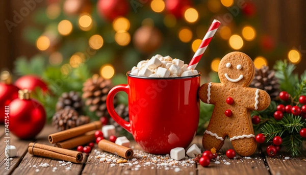 Obraz Warm holiday scene with red cup of hot chocolate topped with marshmallows, candy cane straw, and smiling gingerbread man cookie.