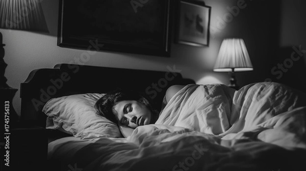 Fototapeta A girl sleeping on a bed. Nighttime. Concepts of dreams, sleep, sleep hygiene, and maintaining a sleep routine.