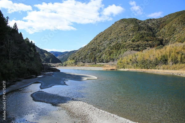 Obraz 高知県越知町　片岡沈下橋から見た仁淀川