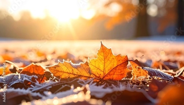 Fototapeta Frosted autumn leaves bathed in sunrise light