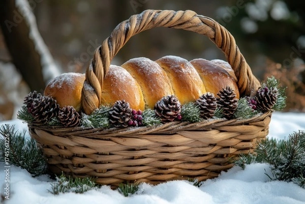 Obraz Basket filled with bread and pine cones.