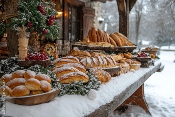 Obraz Table covered with assorted bread and pastries.
