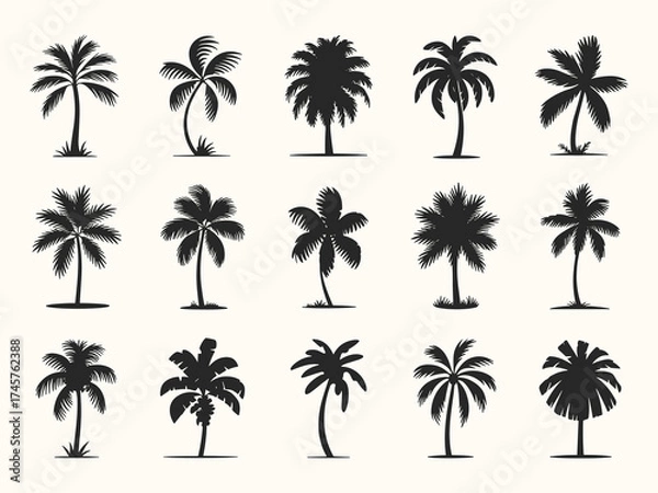 Fototapeta A diverse collection of tropical palm tree silhouettes depicts exotic beach and summer vacation themes.
