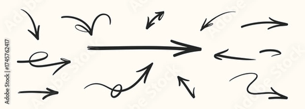 Fototapeta A collection of hand-drawn sketch arrows points in multiple directions.