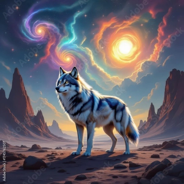 Fototapeta Cosmic blue striped wolf stands vigilant amid swirling galactic vortices over crimson canyon peaks at twilight.