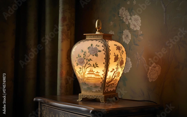 Obraz Vintage table lamp with floral design glowing softly on a wooden table creating a warm and inviting atmosphere