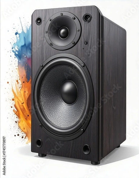 Fototapeta Dark-toned wooden speaker with vibrant splashes of color