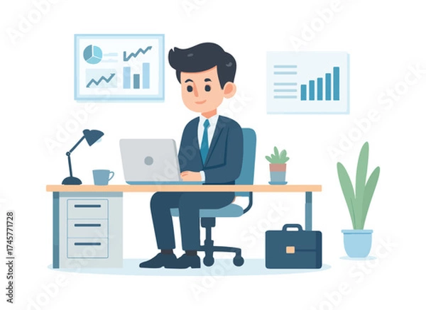 Obraz Businessman Working at Office Desk Illustration