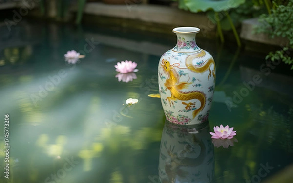 Obraz Ornate vase with a golden dragon floating in a pond surrounded by pink water lilies creating a serene and artistic scene