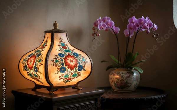 Obraz Illuminated Turkish lamp with floral design next to a potted orchid creating a warm and inviting ambiance in a dimly lit room
