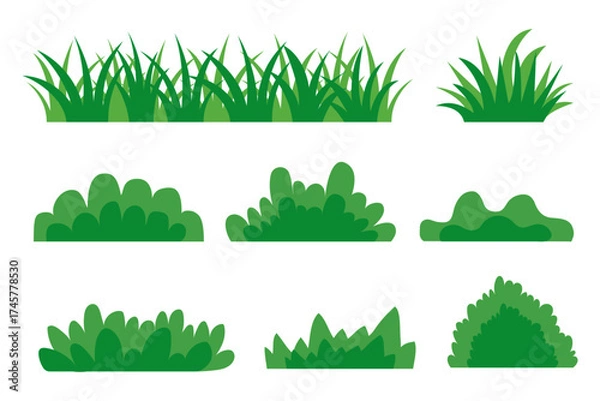 Fototapeta Various shapes of flat style green grass and shrubs. Vector illustration