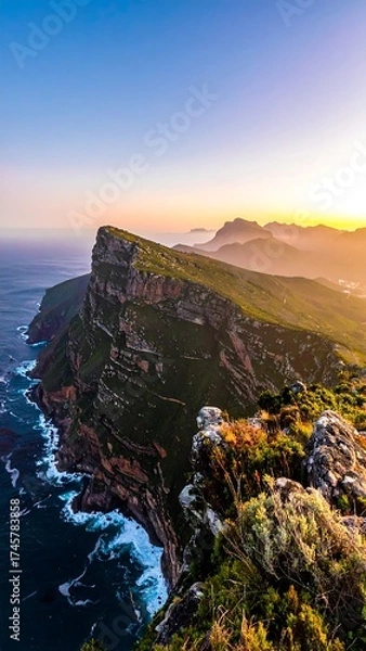 Fototapeta Dramatic coastal cliffs at sunset, rugged terrain meets ocean