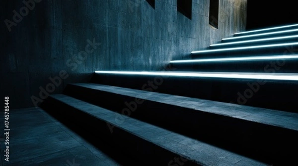Fototapeta Abstract staircase with glowing lights in minimalist architectural design