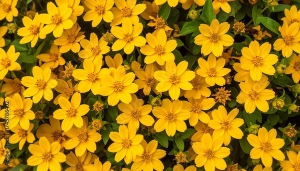 Fototapeta Close-up of a vibrant yellow flower bed.  Dense clusters of small, bright yellow flowers are arranged tightly together.  Green foliage is visible between the blossoms.  A textured floral carpet