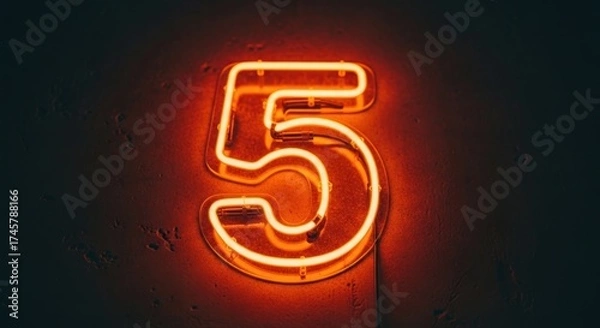 Fototapeta A glowing neon sign displaying the number five against a dark textured wall.