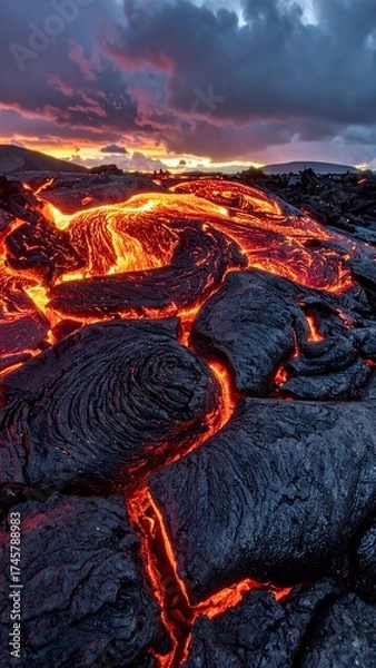 Fototapeta Molten lava flows across dark volcanic rock under a dramatic sunset sky