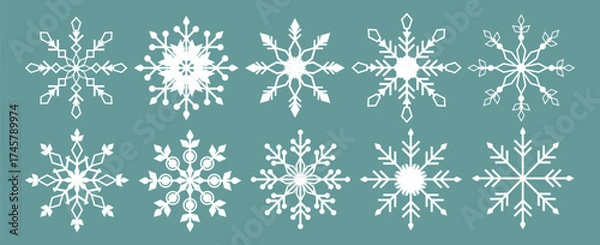 Fototapeta Snowflake vector set on whinter background. Winter frost symbols, decorative Christmas icons, isolated collection.