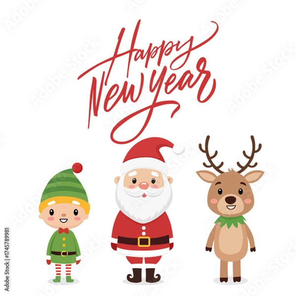 Fototapeta Square Happy New Year card with cartoon New Year characters on a white background. Vector EPS10