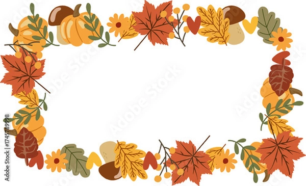 Fototapeta Autumn leaves rectangular frame. Square border of hand-doodles, autumn leaves, pumpkin, flowers. arranged in a circle for stickers, banners, cards, announcements. Vector flat isolated on white backgro