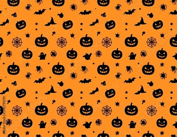Fototapeta Halloween pattern of pumpkins, bats, spiders, and webs on an orange background