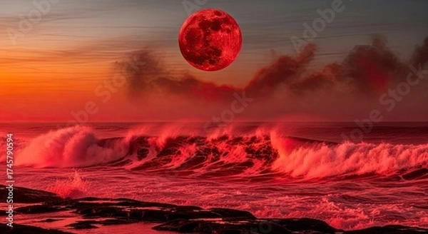 Obraz Crimson Moon Rises Over Dramatic Ocean Waves at Sunset